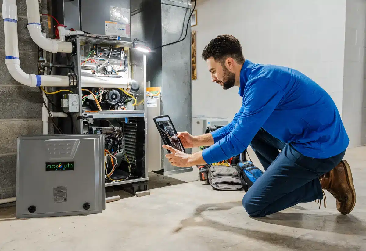 Absolute Heating & Air tech taking pictures of HVAC system.